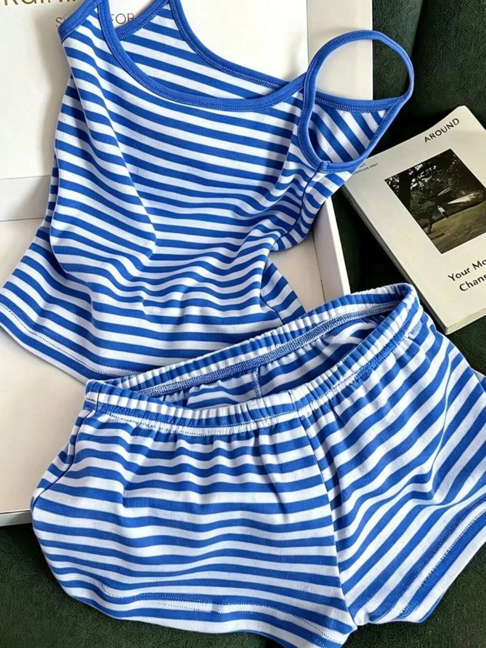 Baby Blue Casual Women's Striped Colorblock Cami Top And Shorts Set